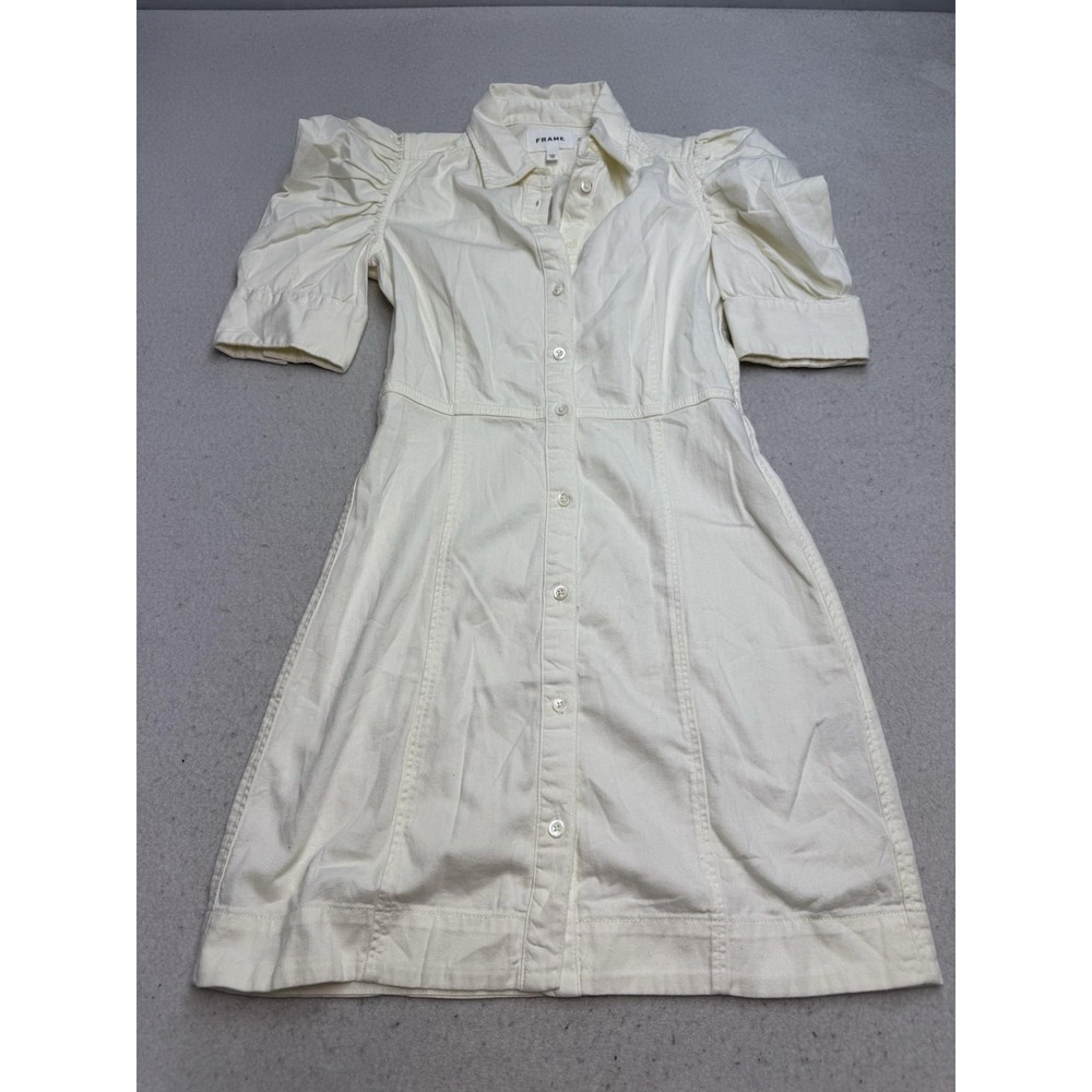 FRAME Gillian Shirt Dress Womens XS White Puff Sleeve Collared Button Front Mini